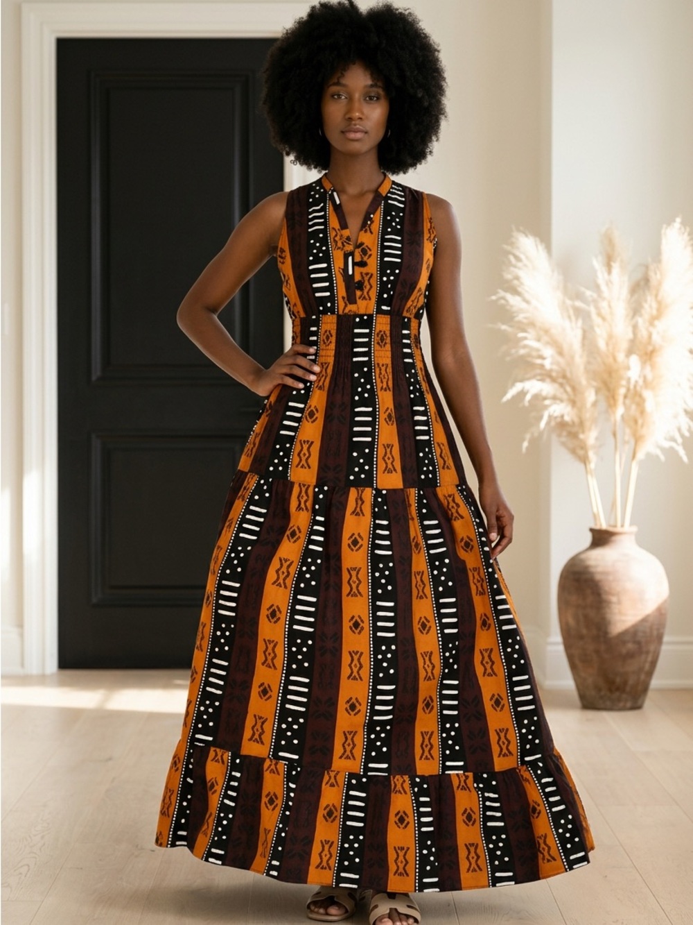 Long Sleeveless Orange & Black Tribal-Print Maxi Dress with Head Wrap